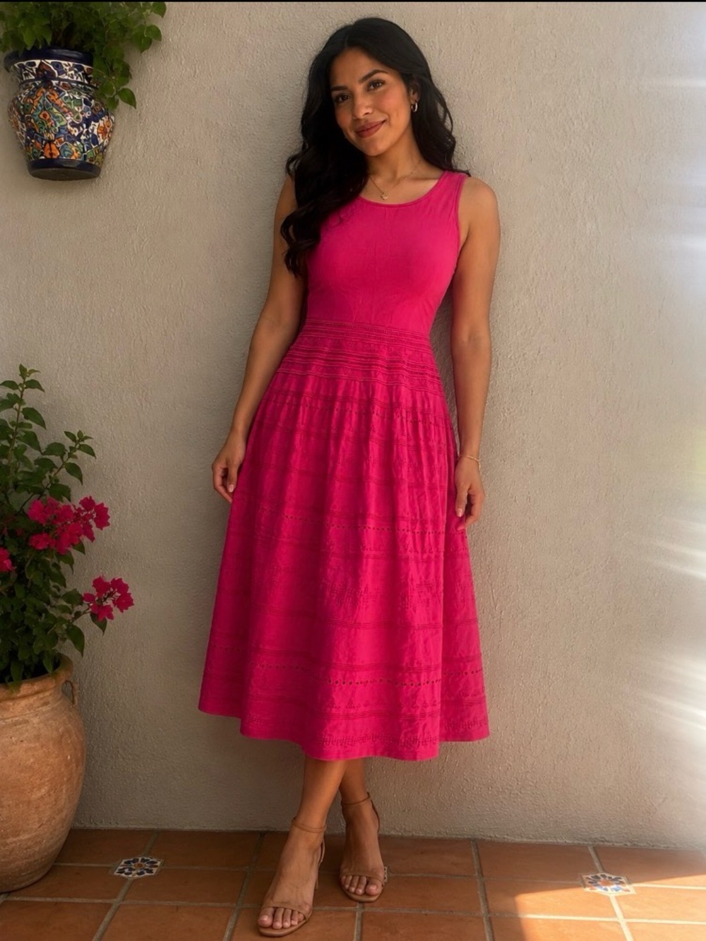 Lauren Ralph Lauren Fuchsia Stretch Pointelle Knit Flare Midi Lined SMALL